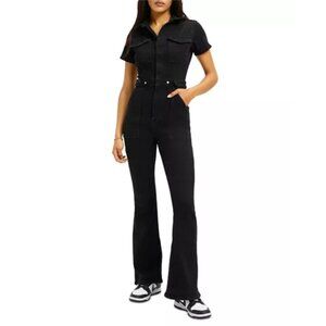 NEW Good American Fit For Success Bootcut Denim Black Jumpsuit Zip-Front XL